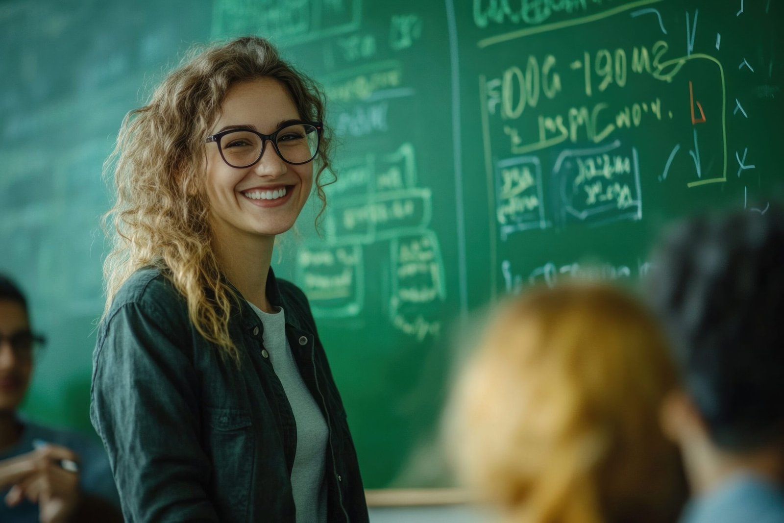 Smiling female college student standing in front of blackboard with her classmates